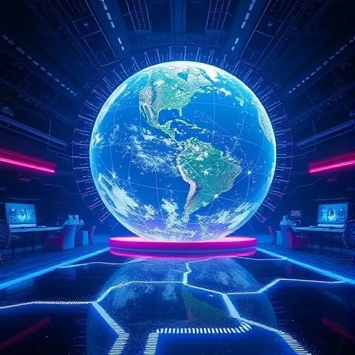 Holographic 3D data visualization, intricate network of interconnected glowing nodes and lines, central spherical element radiating soft light, abstract digital ecosystem, smooth gradients of teal and purple, subtle depth of field, futuristic UI elements integrated, clean lines, cinematic lighting.